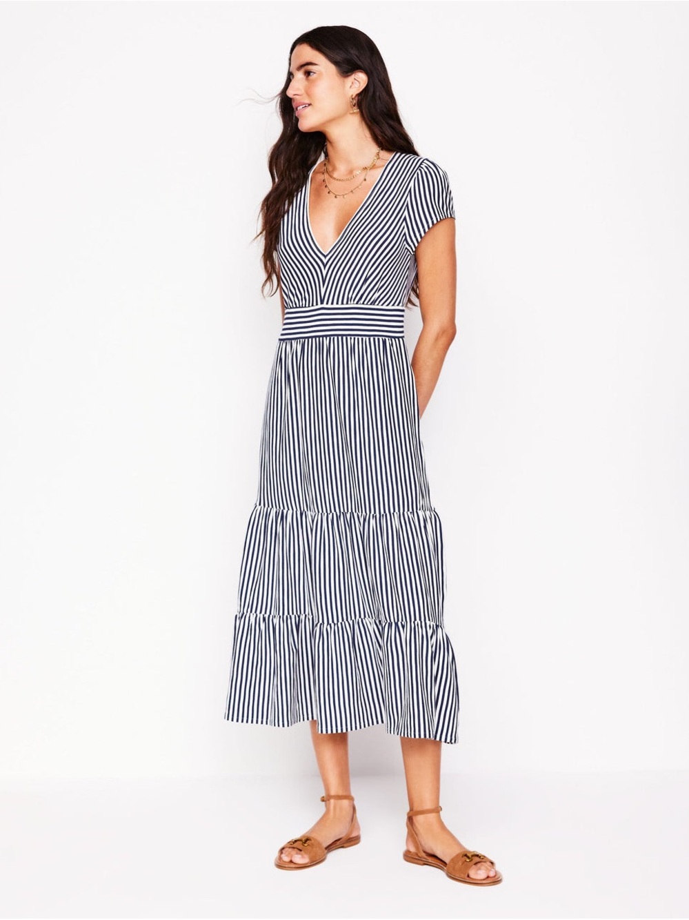 Boden Navy and White Striped V-Neck Tiered Midi Dress